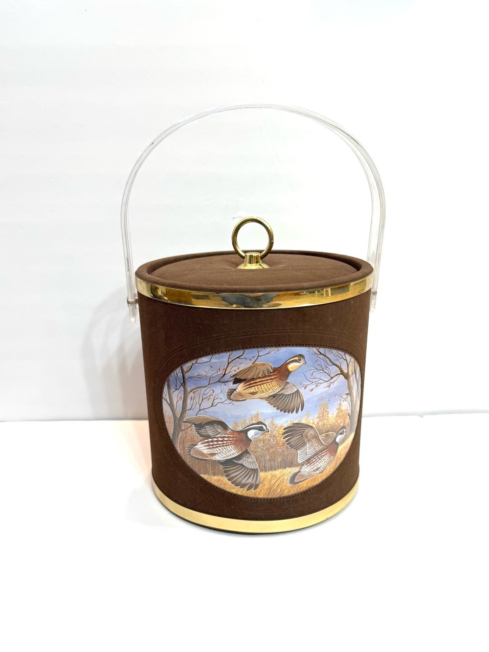 Ice bucket Vintage Retro Insulated Gold brown Suede plastic lining lucite handle